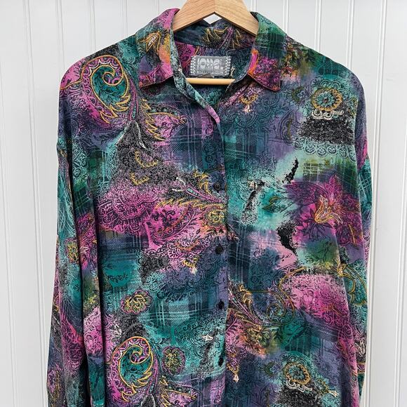 Sorrel Intl Vintage Button Down Blouse Rayon Paisley Abstract Multi M Whimsy - Picture 1 of 8